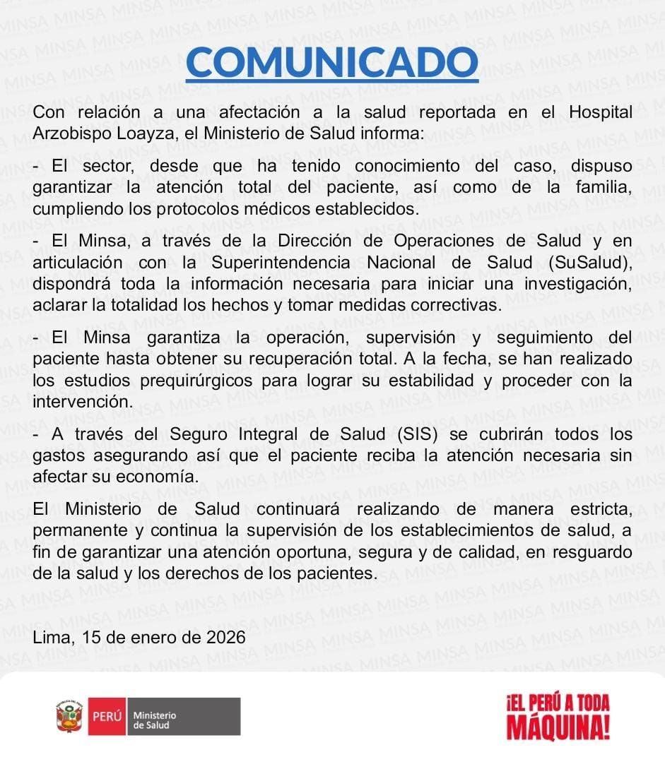 Comunicado del Minsa sobre negligencia en hospital Arzobispo Loayza.