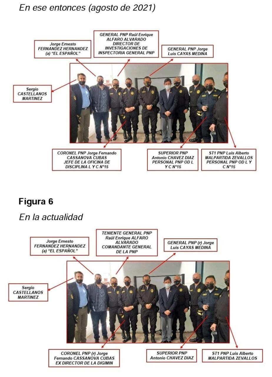 Imagen del Ministerio Público en la que aparece el general Alfaro junto al investigado y otros oficiales.