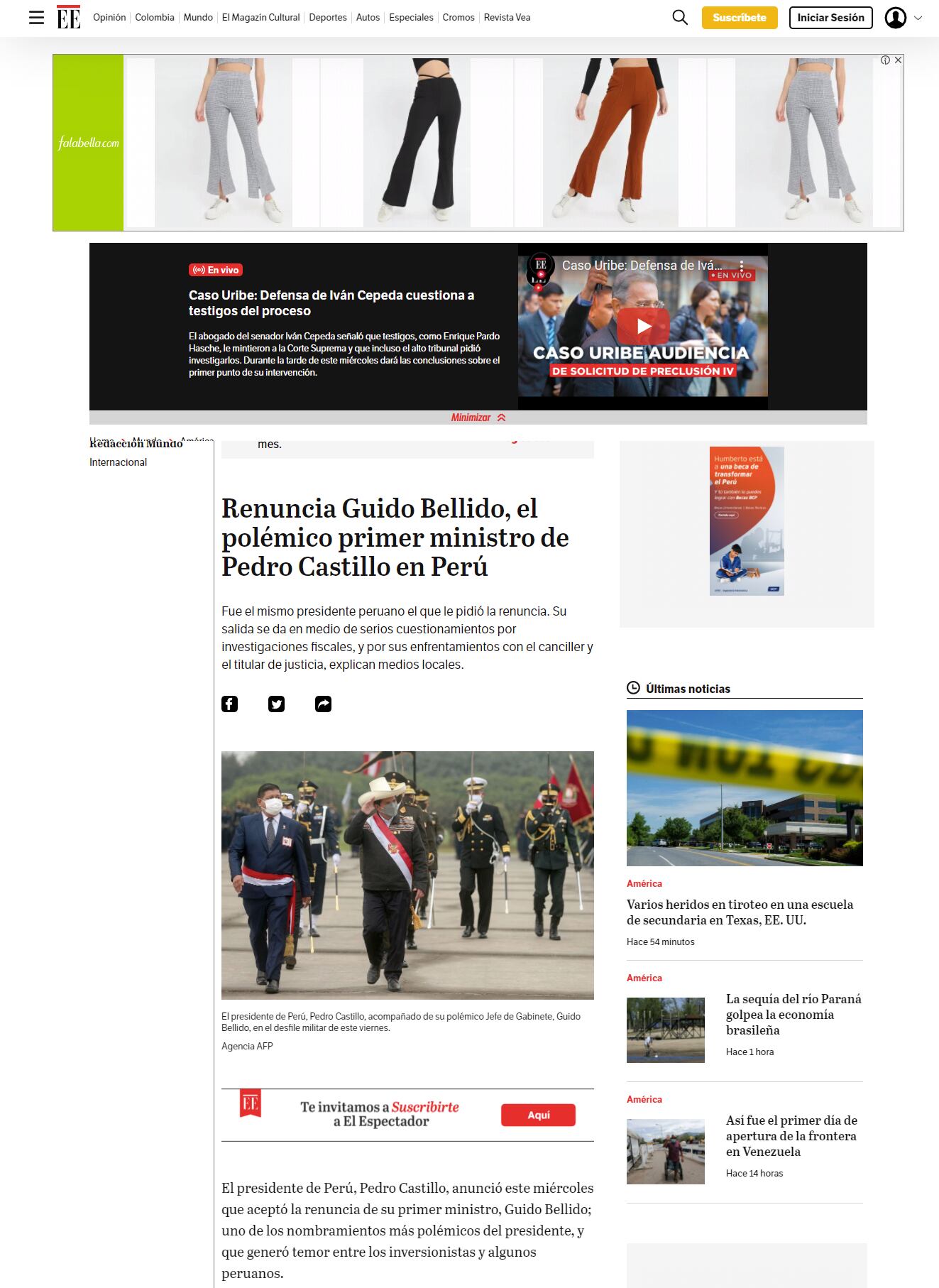 Renuncia de Guido Bellido en El Espectador.