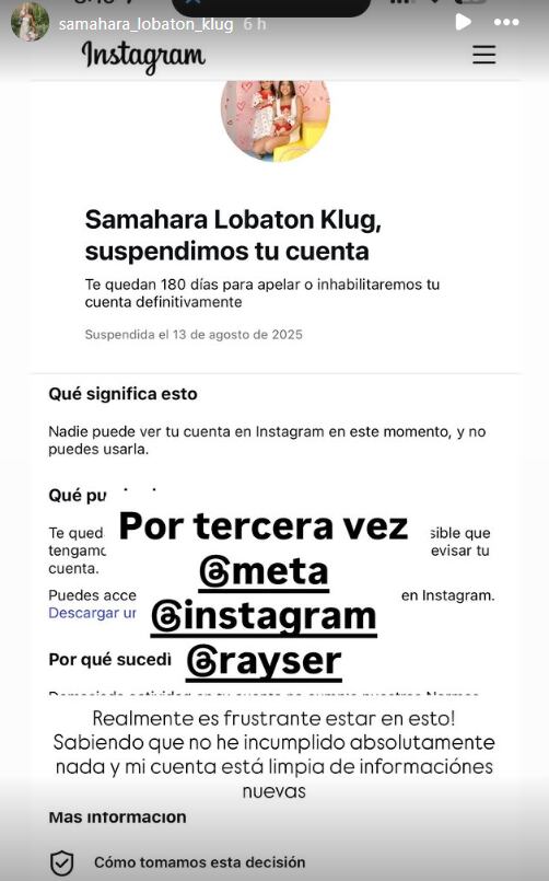 Instagram suspendió la cuenta principal de Samahara Lobatón.