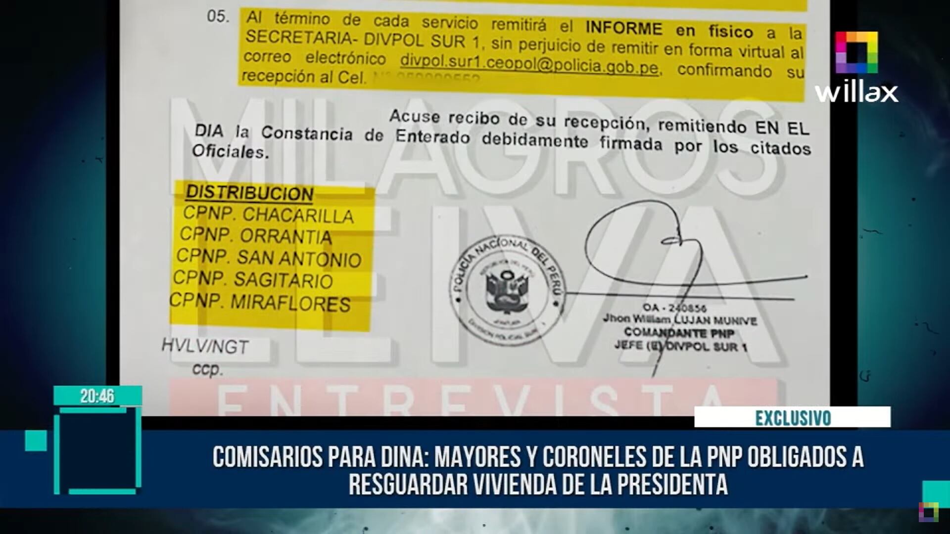 Documento presentado en el programa de Milagros Leiva, donde se observa qué Comisarios fueron elegidos para resguardar la vivienda de Dina Boluarte.