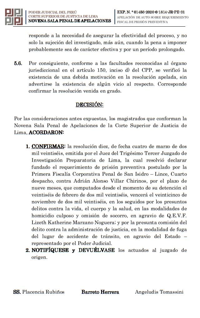 Poder Judicial confirma prisión preventiva de nueve meses contra Adrián Villar.
