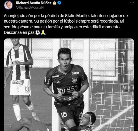 Richard Acuña expresó su pesar por la muerte del joven Stalin Morillo, futbolista de César Vallejo.