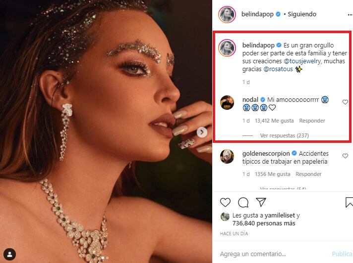 Christian Nodal comenta las fotos de Belinda de manera cariñosa. (Foto: Captura @belindapop)