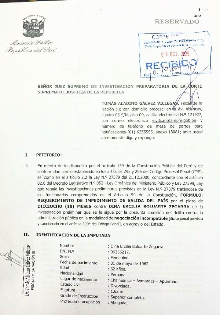 Se solicita impedimento de salida de Dina Boluarte del Perú. (X: @FiscaliaPeru)