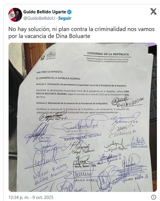 Primera Moción de vacancia contra Dina Boluarte ya ingresó a Mesa de Partes del Congreso de la República.