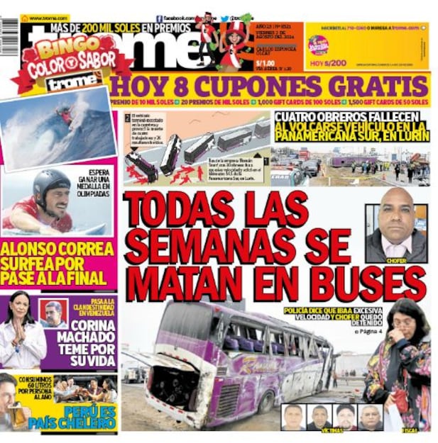 Portada impresa de Trome del viernes 2 de agosto de 2024