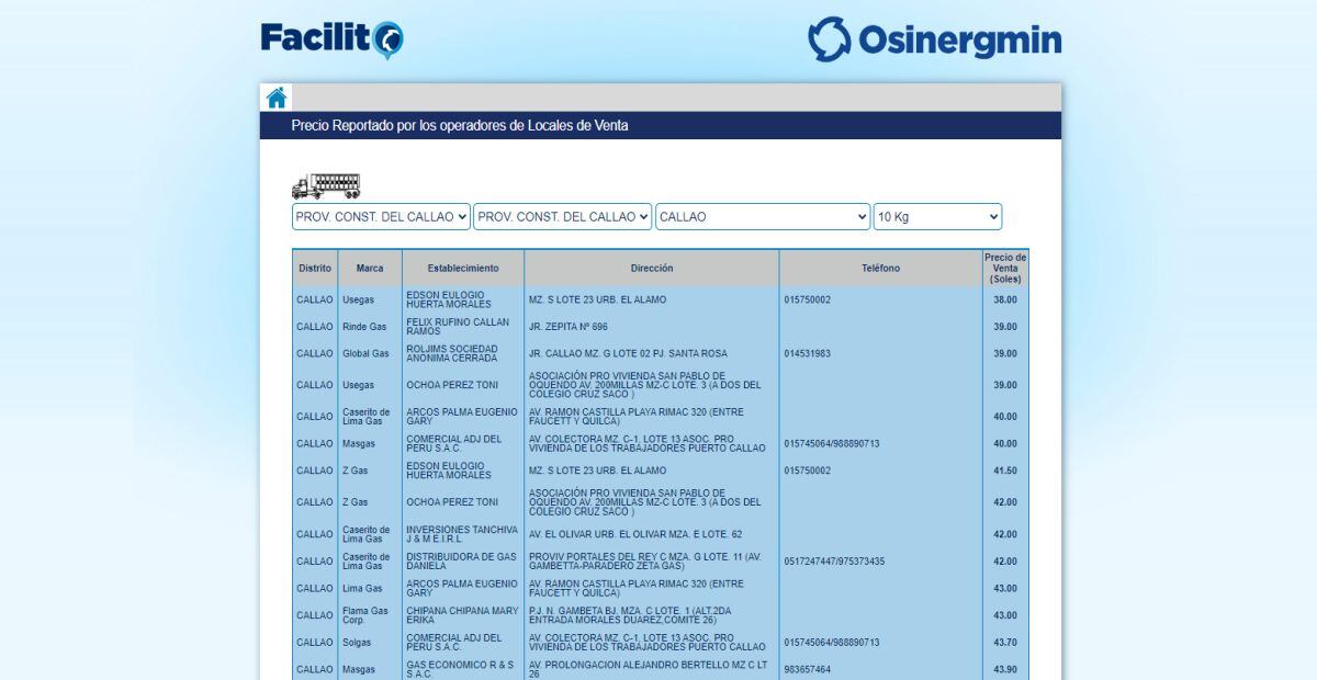 Como parte de la información que te brinda Facilito, además del precio puedes encontrar la ubicación exacta del punto de venta para que puedas ir a comprar tu balón de 10 kilos (Imagen: Osinergmin)