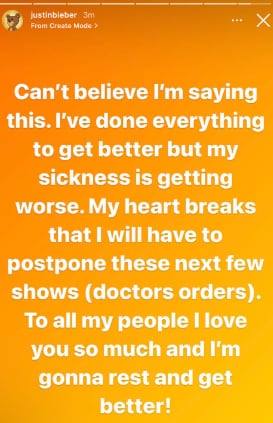 Justin Bieber subió esta historia a su cuenta de Instagram para contar cómo se siente. (Foto: @justinbieber / Instagram)