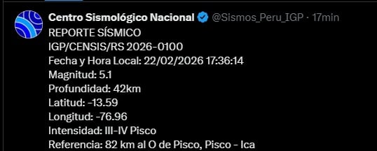 Reporte del Centro Sismológico del país.