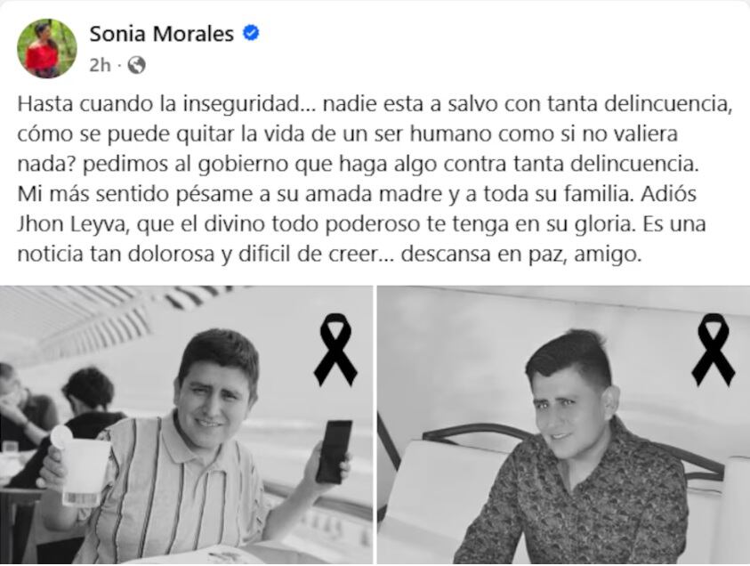 Sonia Morales y sus sentidas palabras por la muerte de Jhon Leyva. (Redes sociales)