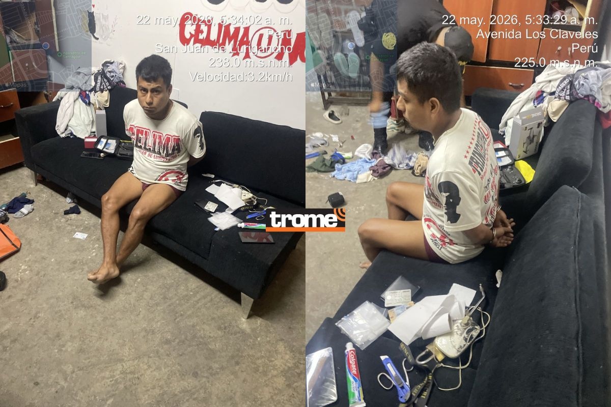 Barrista de Universitario fue sorprendido durmiendo. Tenía arma de fuego, armas blancas y drogas. | Fotos: Policía Nacional del Perú | Composición Trome