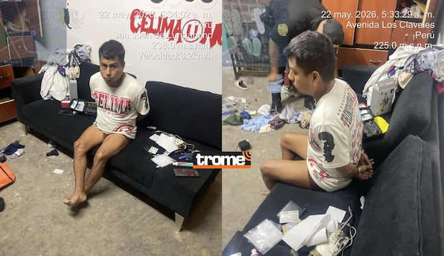 Barrista de Universitario fue sorprendido durmiendo. Tenía arma de fuego, armas blancas y drogas. | Fotos: Policía Nacional del Perú | Composición Trome