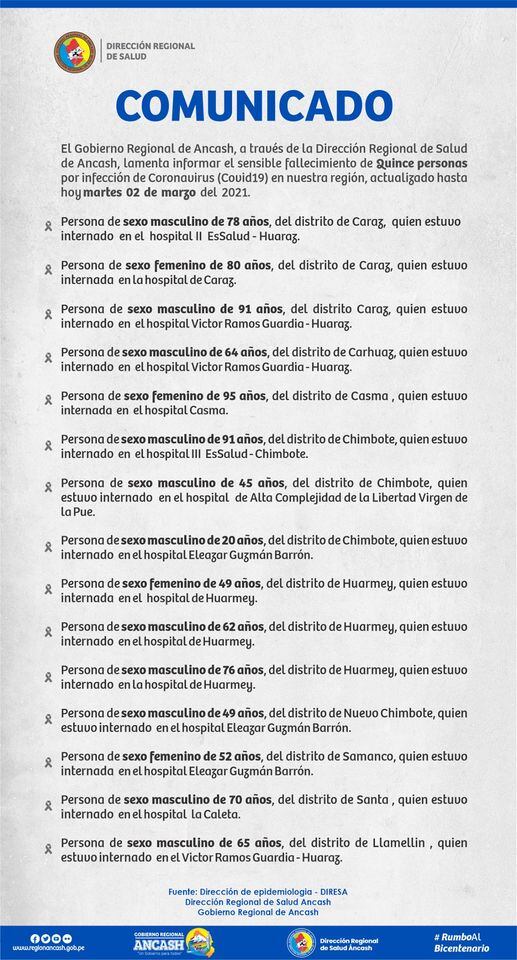 Listo de fallecidos publicada por la Dirección de Salud (Diresa) Áncash (Foto: Diresa Áncash)