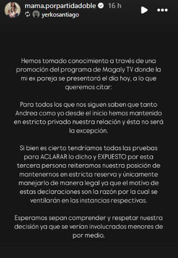 Comunicado de Andrea San Martín y Yerko Santiago