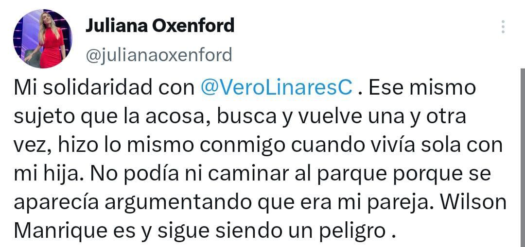 Juliana Oxenford le mostró todo su apoyo a Verónica Linares tras ser acosada por un hombre. Foto: Twitter
