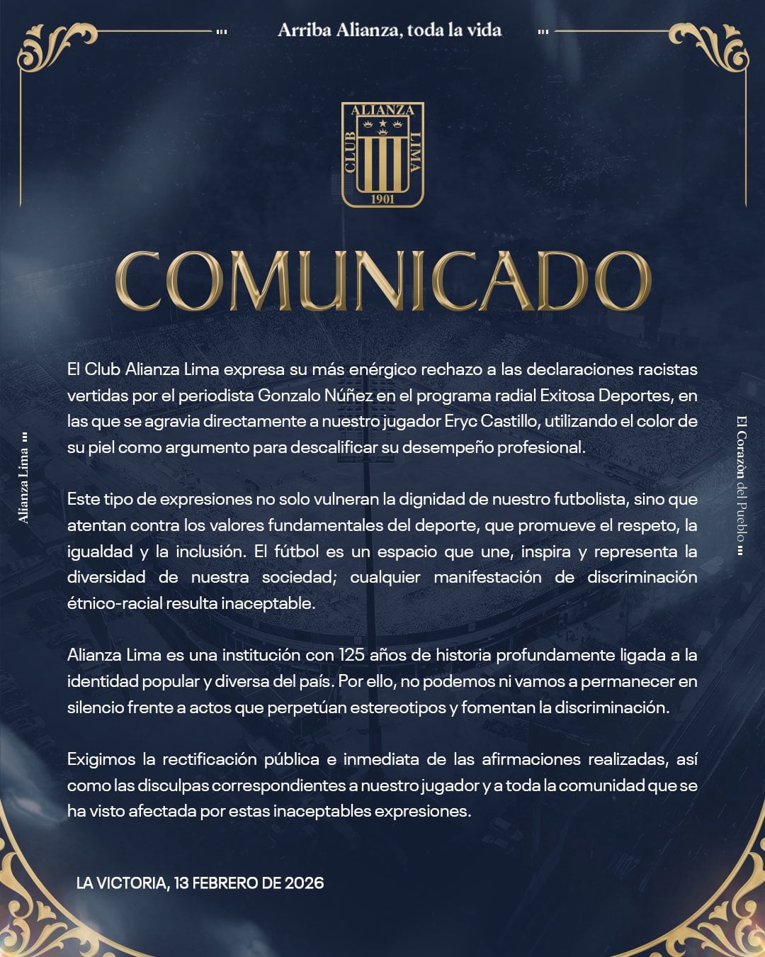 El comunicado de Alianza Lima tras comentarios racistas contra Eryc Castillo. (Imagen: Alianza Lima)
