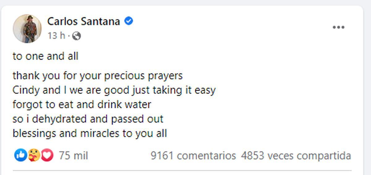 El artista expresó su agradecimiento por las oraciones de sus seguidores (Foto: Carlos Santana / Captura de Facebook)