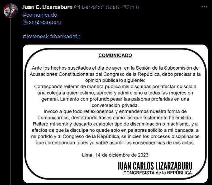 Comunicado de Juan Carlos Lizarzaburu.