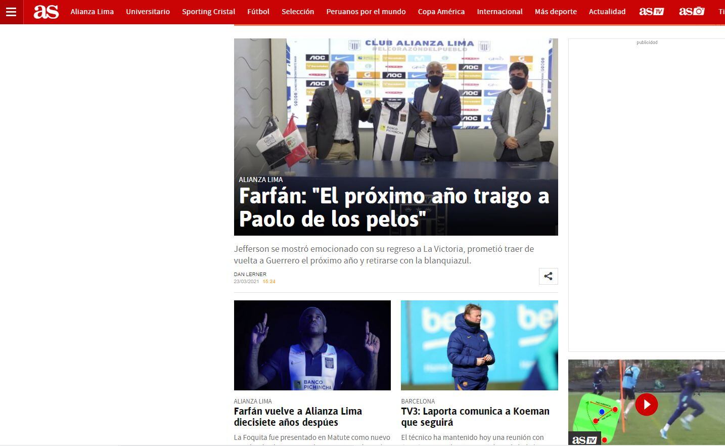 Jefferson Farfán en portada online del diario AS de España.
