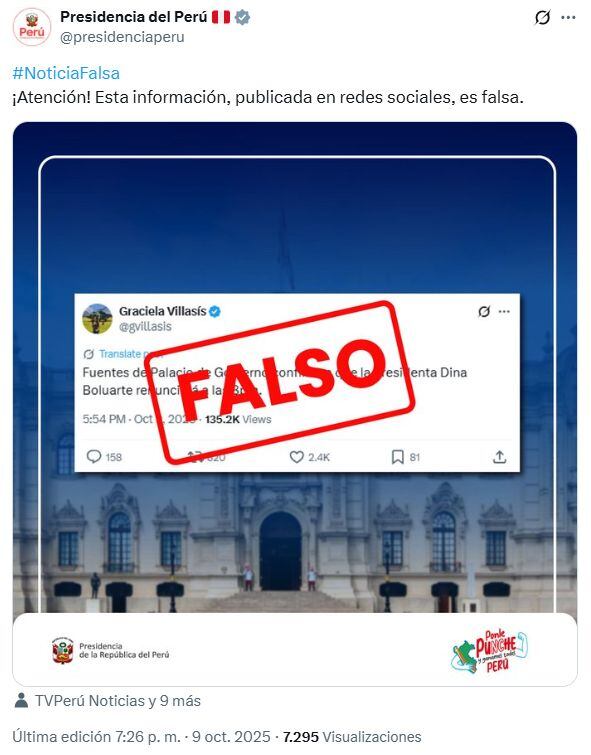 Palacio de Gobierno niega supuesta renuncia de Dina Boluarte