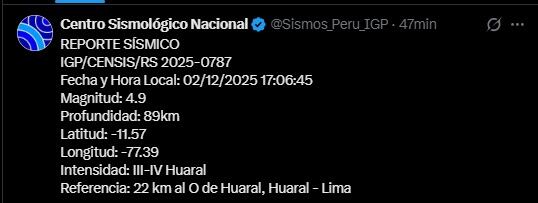Centro Sismológico Nacional reportó segundo sismo en Lima. (Twitter)