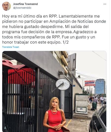 Así se despidió la periodista de RPP Noticias (Foto: Josefina Townsend / Twitter)