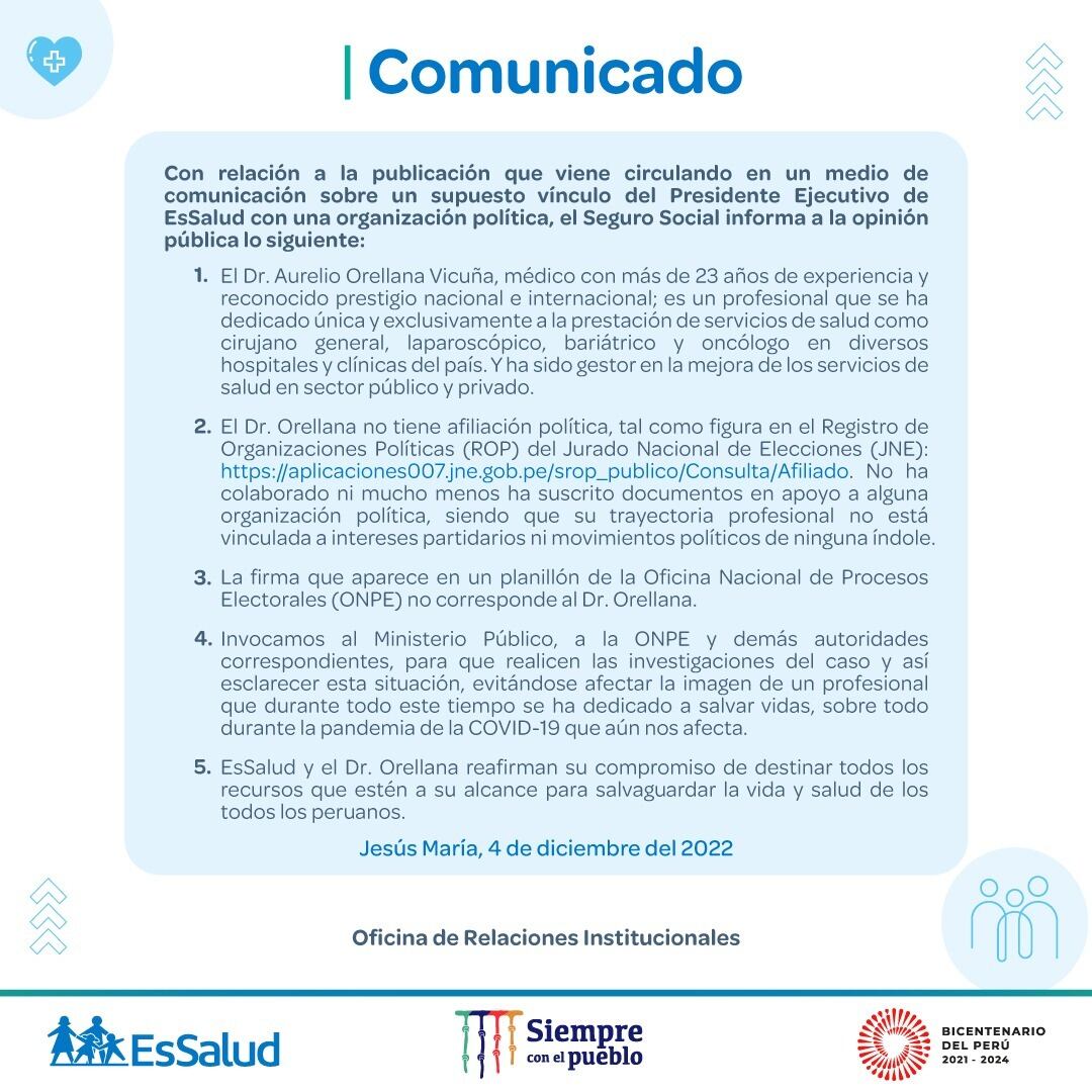 Comunicado de Aurelio Orellana Vicuña, presidente ejecutivo de EsSalud.