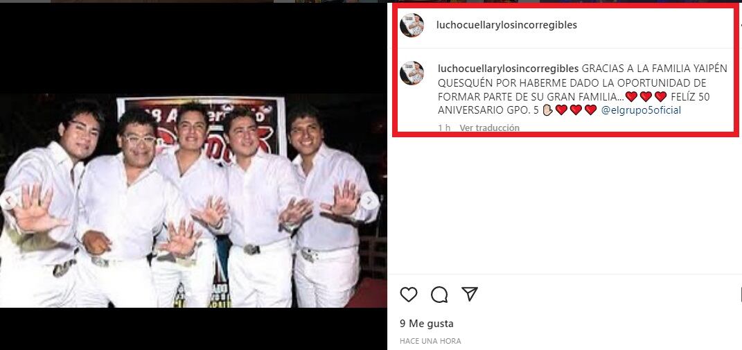 Lucho Cuéllar recordó su paso por el Grupo 5. (Foto: @luchocuellarylosincorregibles).