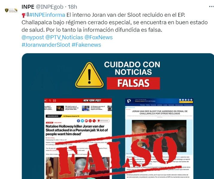 INPE desmintió que el reo Joran Van der Sloot haya sido atacado por otros reclusos.