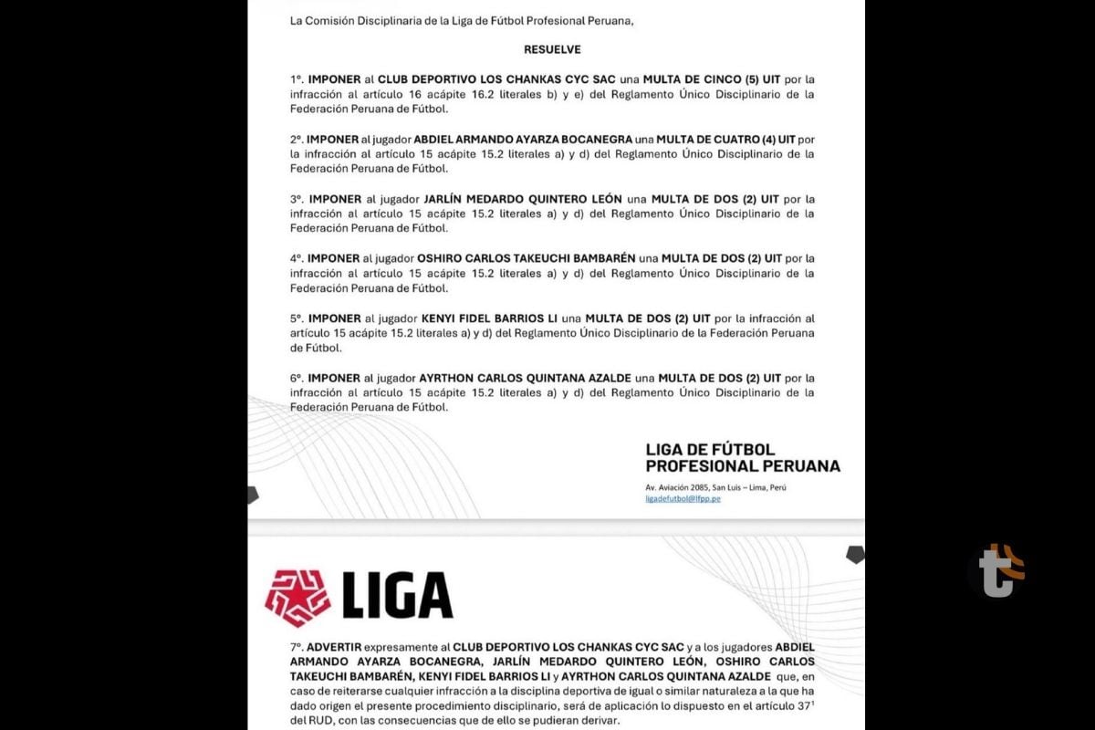 Comisión Disciplinaria sancionó a Chankas y a cinco de sus jugadores (@Liga1)