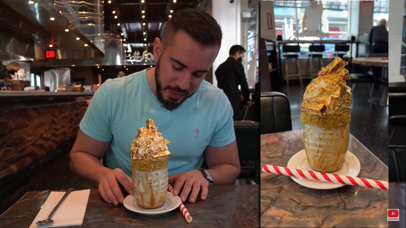 El milkshake con oro de 75 dólares que se ofrece en la hamburguesería de Salt Bae en Nueva York. (Foto: Cenando con Pablo | YouTube)