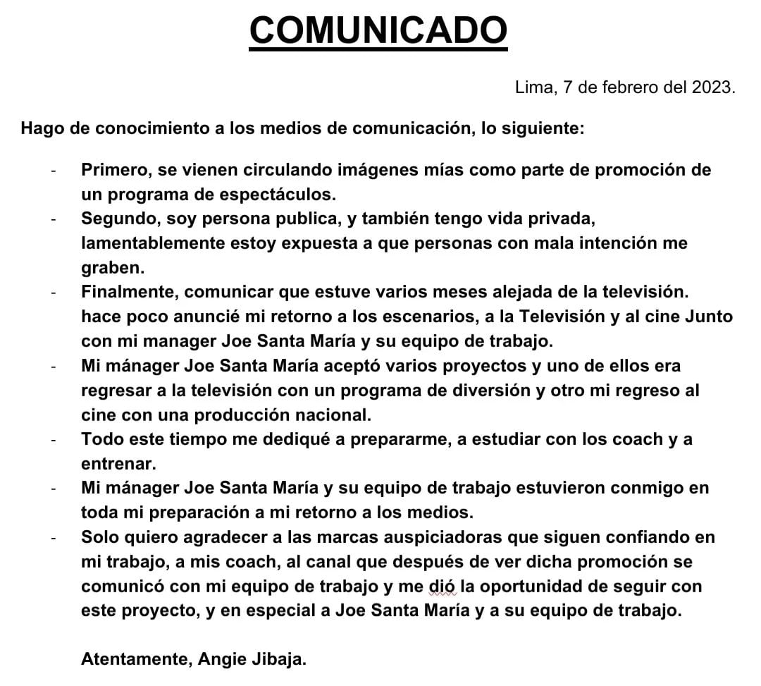 Comunicado de Angie Jibaja. (Foto: @angiejibajacl).