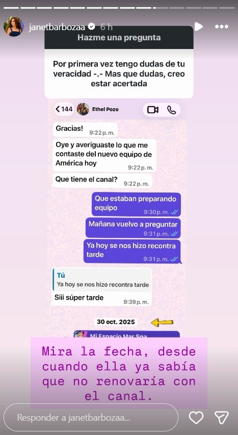 Janet Barboza responde a Ethel Pozo con conversaciones sobre su salida de ‘América hoy’.
