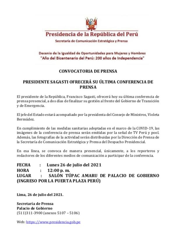 Francisco Sagasti brindará su última conferencia de prensa como presidente.