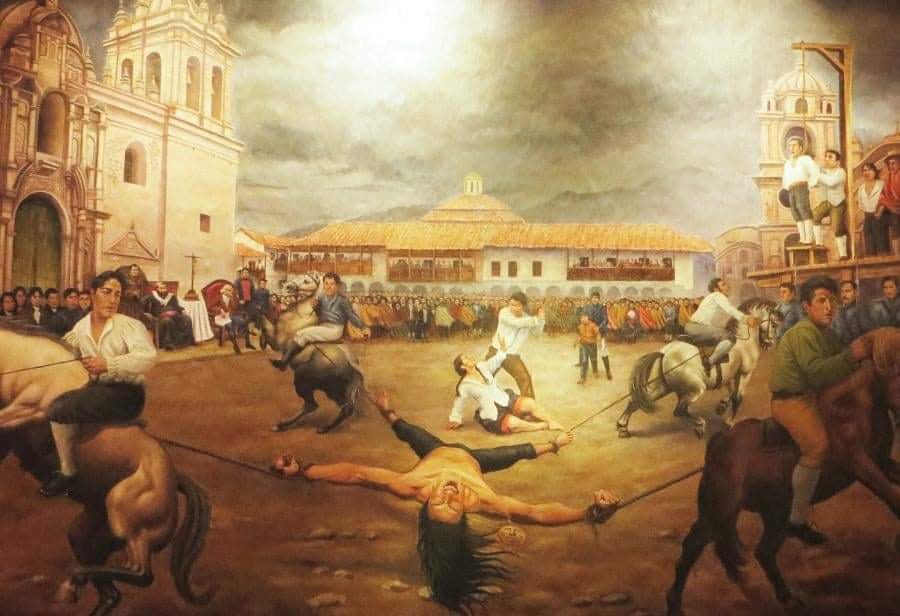 Túpac Amaru II fue brutalmente atado de brazos y piernas a cuatro caballos, en un intento fallido por descuartizarlo. Foto: Biblioteca Nacional del Perú.