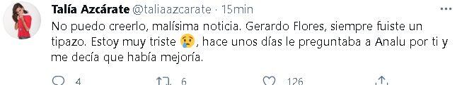 Talía Azcárate publicó un mensaje tras el fallecimiento de Gerardo Flores. (Captura: Twitter)