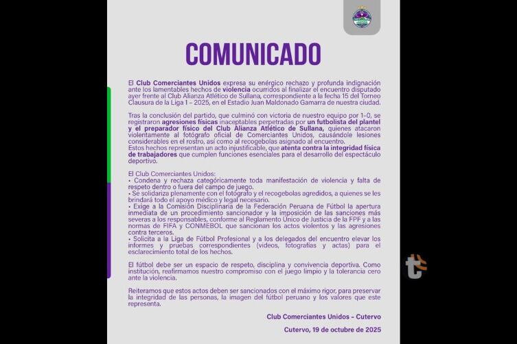 Club Comerciantes Undios elevó su reclamo a la FPF (Foto: @comerciantes_unidoscutervo)