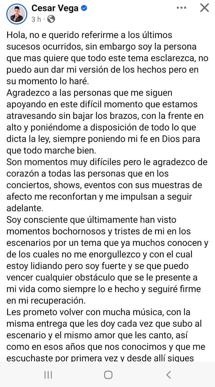 César Vega reaparece en Facebook y pide disculpas.