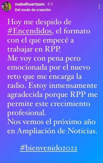 Mabel Huertas deja ‘Encendidos’ y ahora conducirá ‘Ampliación de Noticias’ en RPP