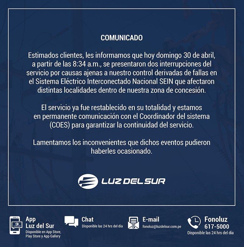 Comunicado de Luz del Sur tras intempestivo corte de luz que afectó varios. (Foto: Captura)