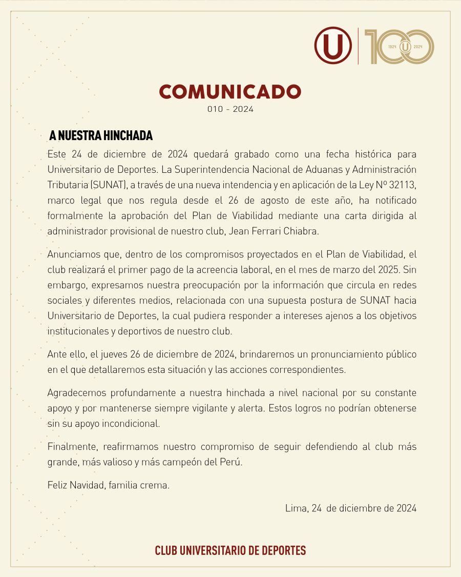 Comunicado de Universitario de Deportes tras anuncio de SUNAT sobre su plan de viabilidad.