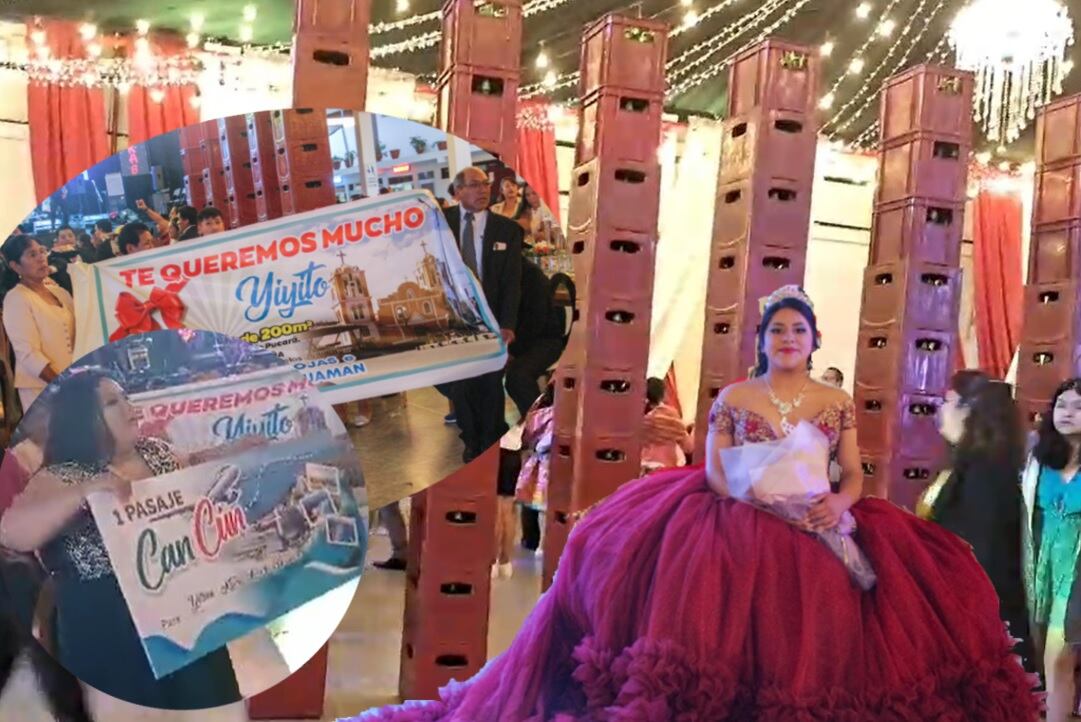 Quinceañera en Huancayo celebró con fiestón y regalos de terreno, viaje y miles de soles. Celebración también tuvo decenas de cajas de cerveza apiladas del piso al techo. (Compos. Trome).