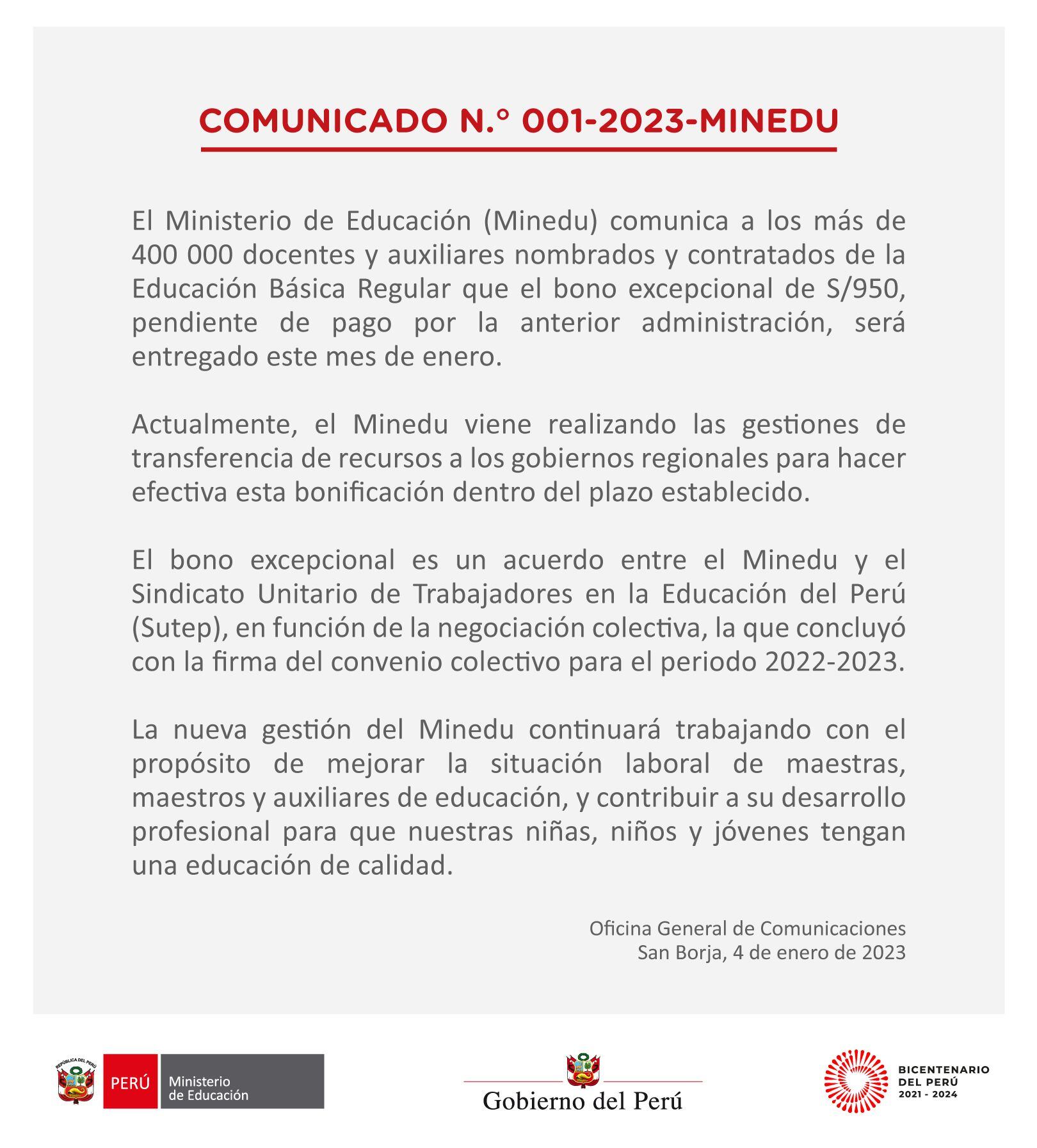 E Minedu emitió este comunicado respecto al bono excepcional de S/950 para docentes y auxiliares nombrados y contratados de la Educación Básica Regular.