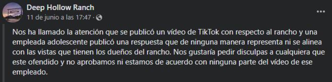 La declaración que hizo el rancho en Facebook. (Foto: deephollowranch / Facebook)