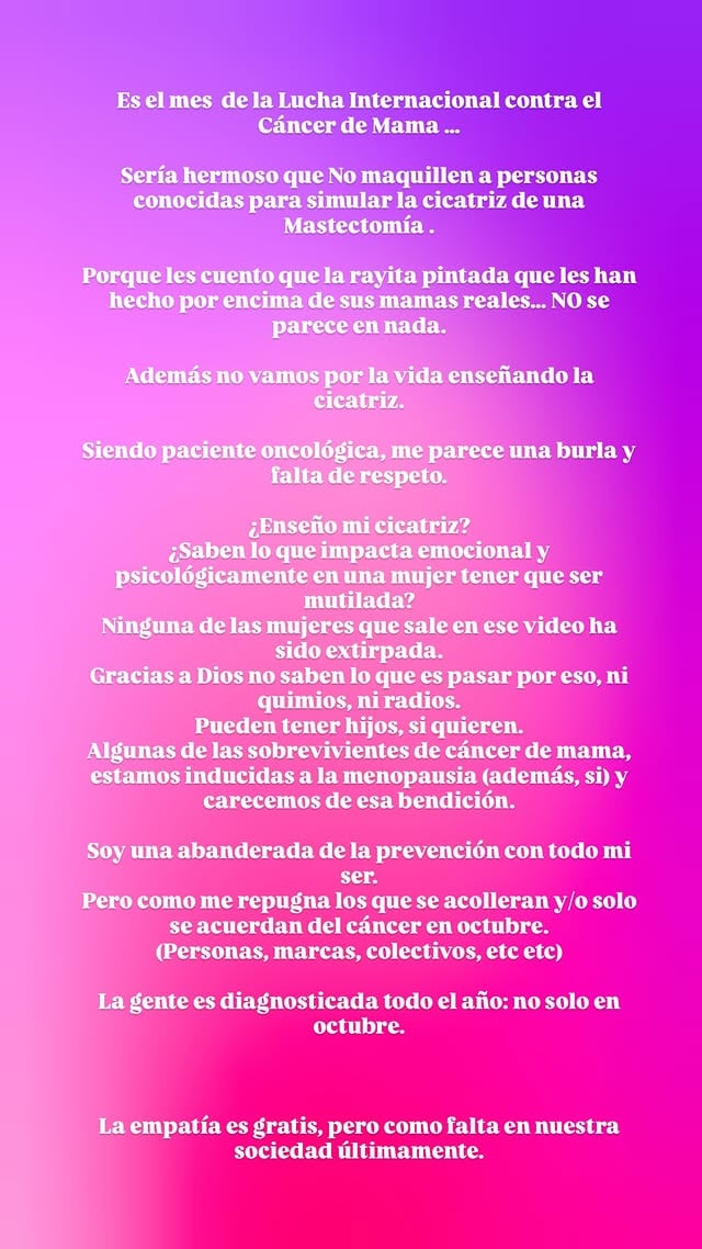 Actriz emitió un contundente pronunciamiento en contra de las marcas. (Instagram: @nataliasalasz)
