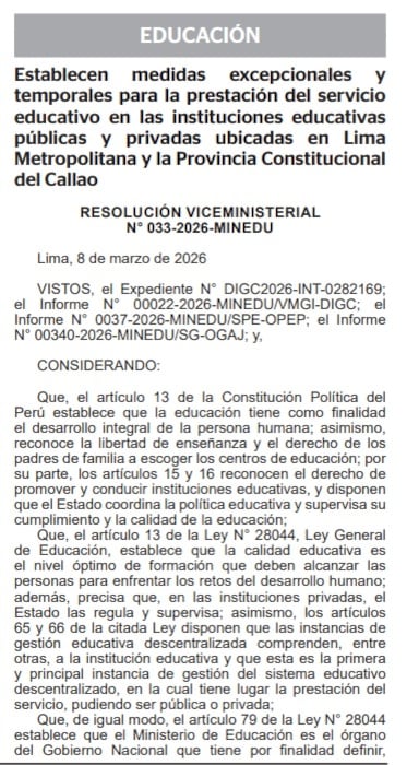 Resolución viceministerial que dispone clases virtuales en Lima y Callao. (Foto: El Peruano)