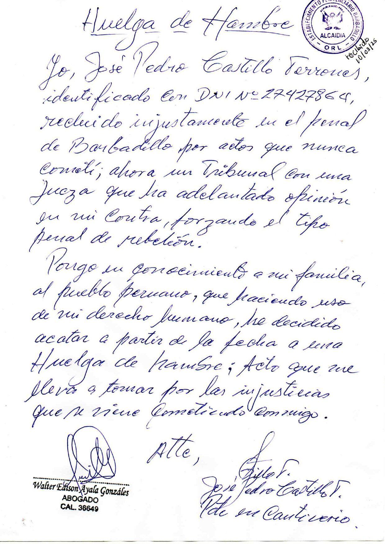 Carta de Pedro Castillo.