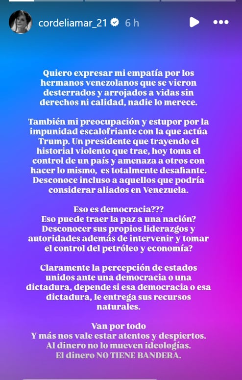 Mónica Sánchez y su posición tras intervención de Donald Trump en Venezuela.