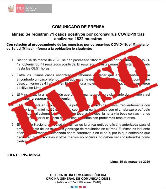 Comunicado falso del Minsa que circula en redes sociales.
